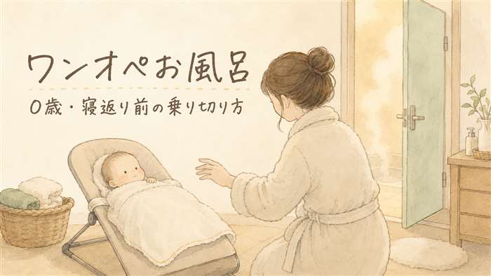 脱衣所でバスローブを着た母親が、バウンサーで待つ0歳の赤ちゃんに手を伸ばしているイラスト