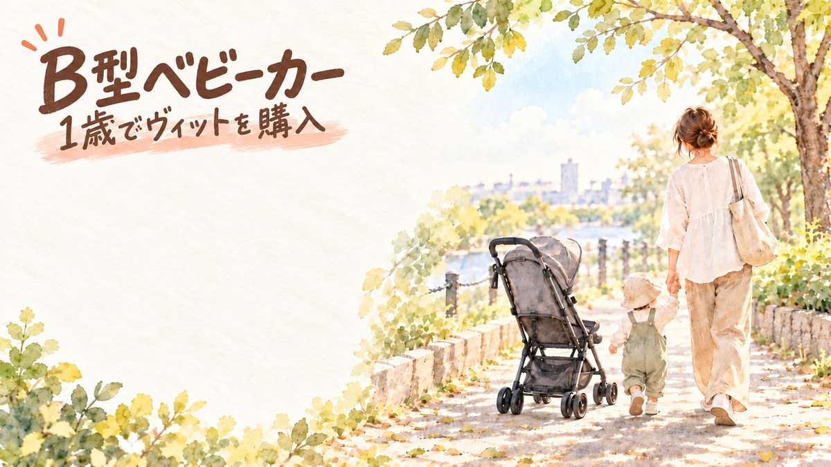水彩風のイラスト。左上に「B型ベビーカー」「1歳でヴィットを購入」の文字があり、右側にベビーカーと手をつないで歩く親子の後ろ姿。