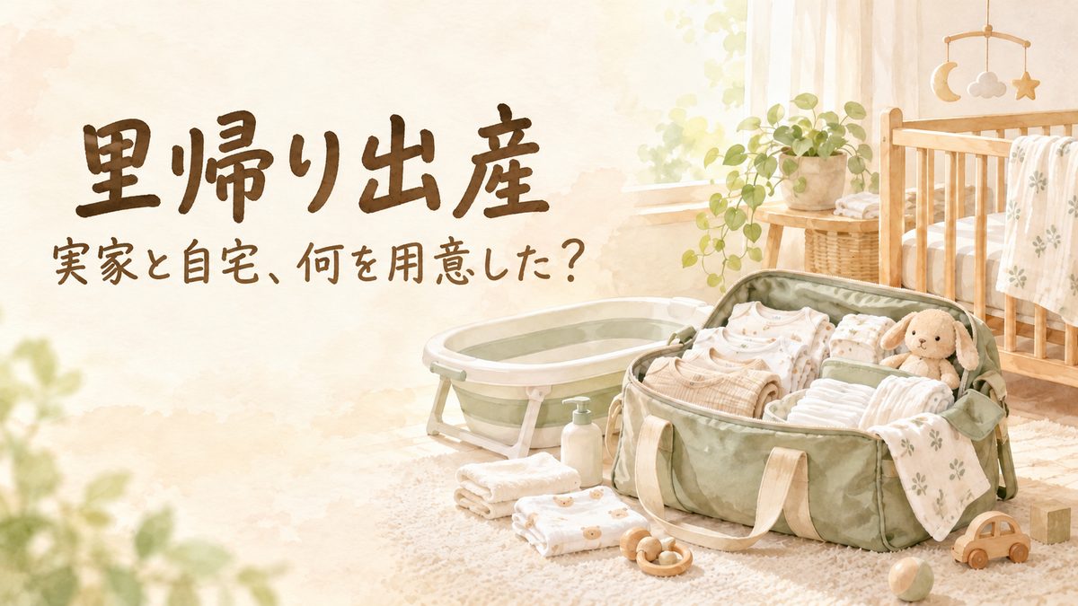 里帰り出産のためにベビー用品をまとめたバッグとベビーベッド、折りたたみ式の沐浴用品